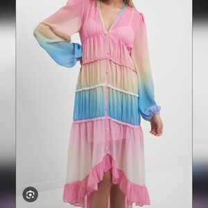 Free The Roses Tye Dye Rainbow Ruffled Hi Low Dress Medium V Neck Button Front